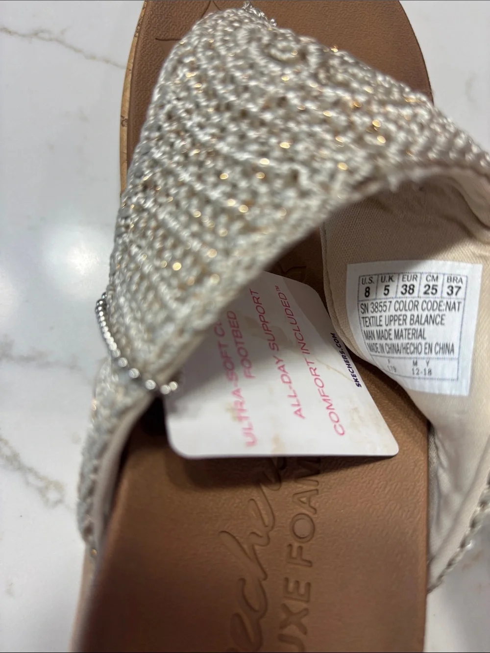 Skechers Silver Beaded Cork-Look Wedge Thong Sandals